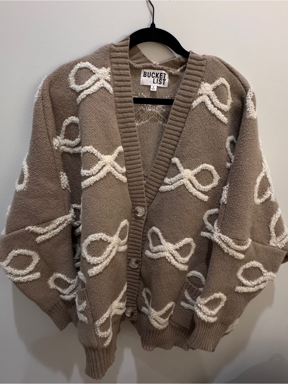 BUCKETLIST Taupe Cardigan with Ivory Loop Texture